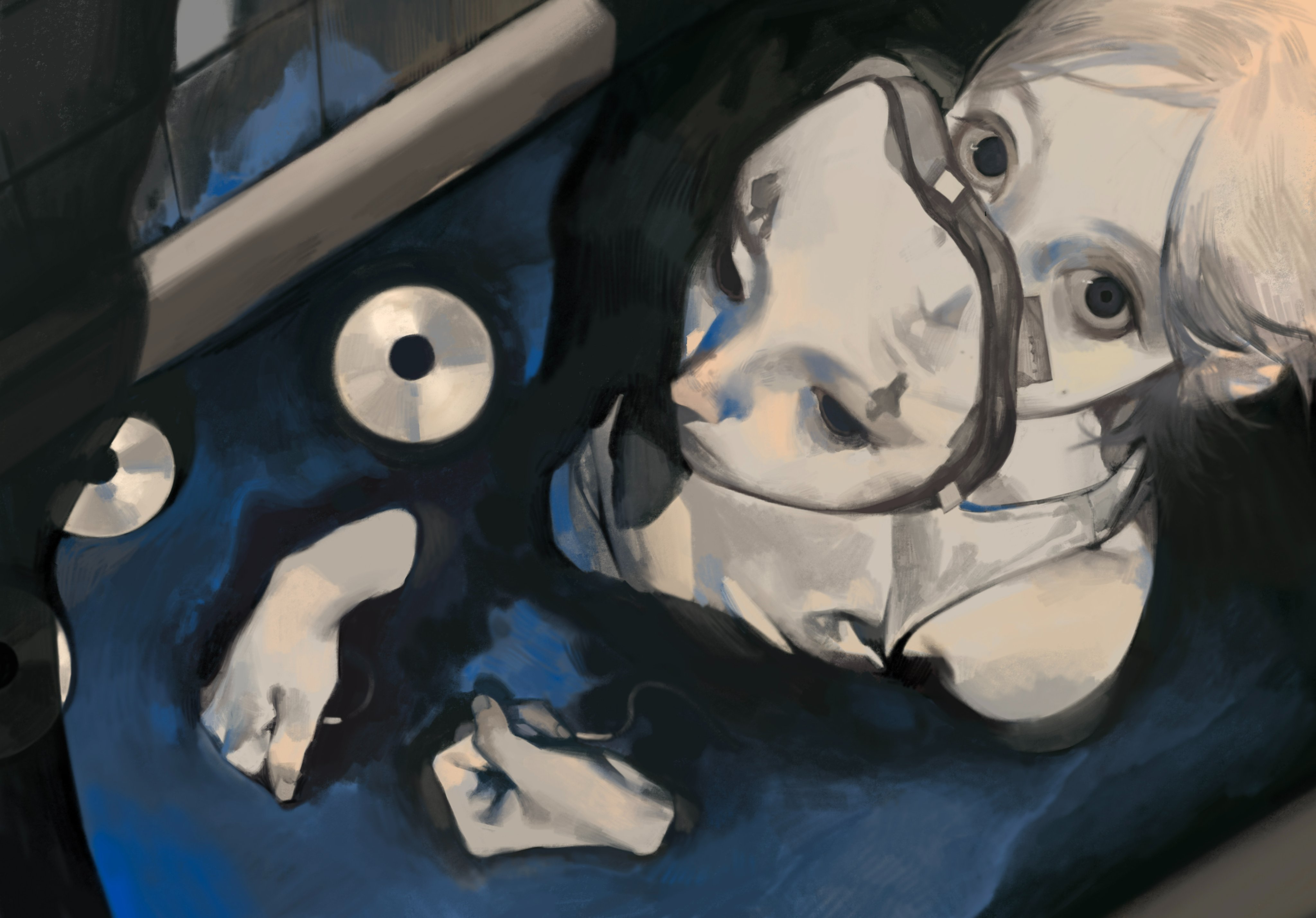 an abstract painting of a woman's face and body. the painting is in a dark and moody style with the woman's face and body barely visible in the background, in the foreground there are lots of overlapping circles, some are solid black, others are filled with a dark blue and one looks to be white.