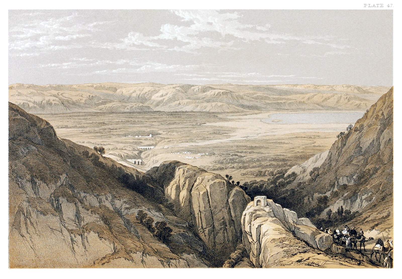 a historical illustration titled "plate 47" depicts a vast landscape with mountains, a wide valley, and desert terrain. in the foreground, travelers on camels are traversing a path along a cliff edge, near a small building perched atop a rocky outcrop. the sky is filled with clouds.