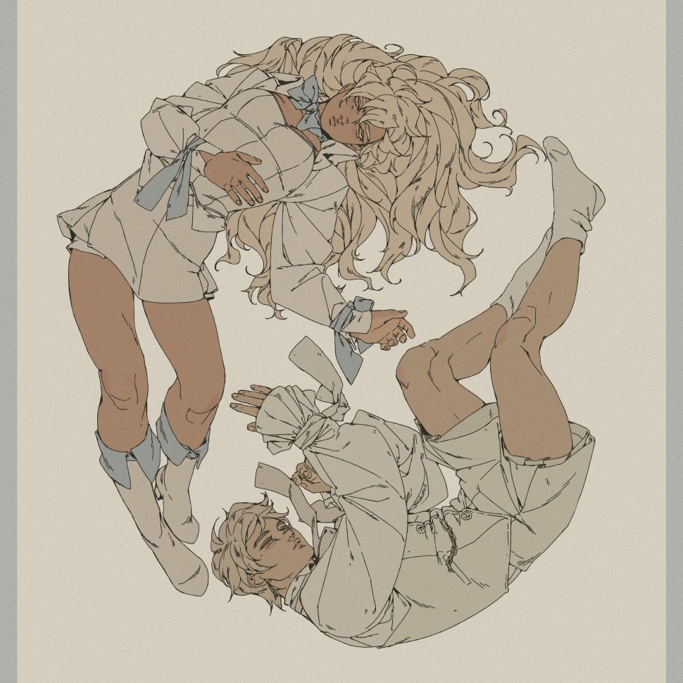 this image is a black and white line drawing of two people floating upside down in the air. the people are dressed in white, and their hair is flowing in the wind. they are holding hands and their bodies are positioned in a way that suggests they are about to