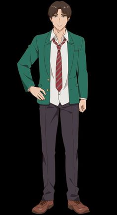 an anime boy with short brown hair and brown eyes smiles confidently in his school uniform. he wears a green blazer over a white buttondown shirt, a red and white striped tie, gray pants, and brown shoes.