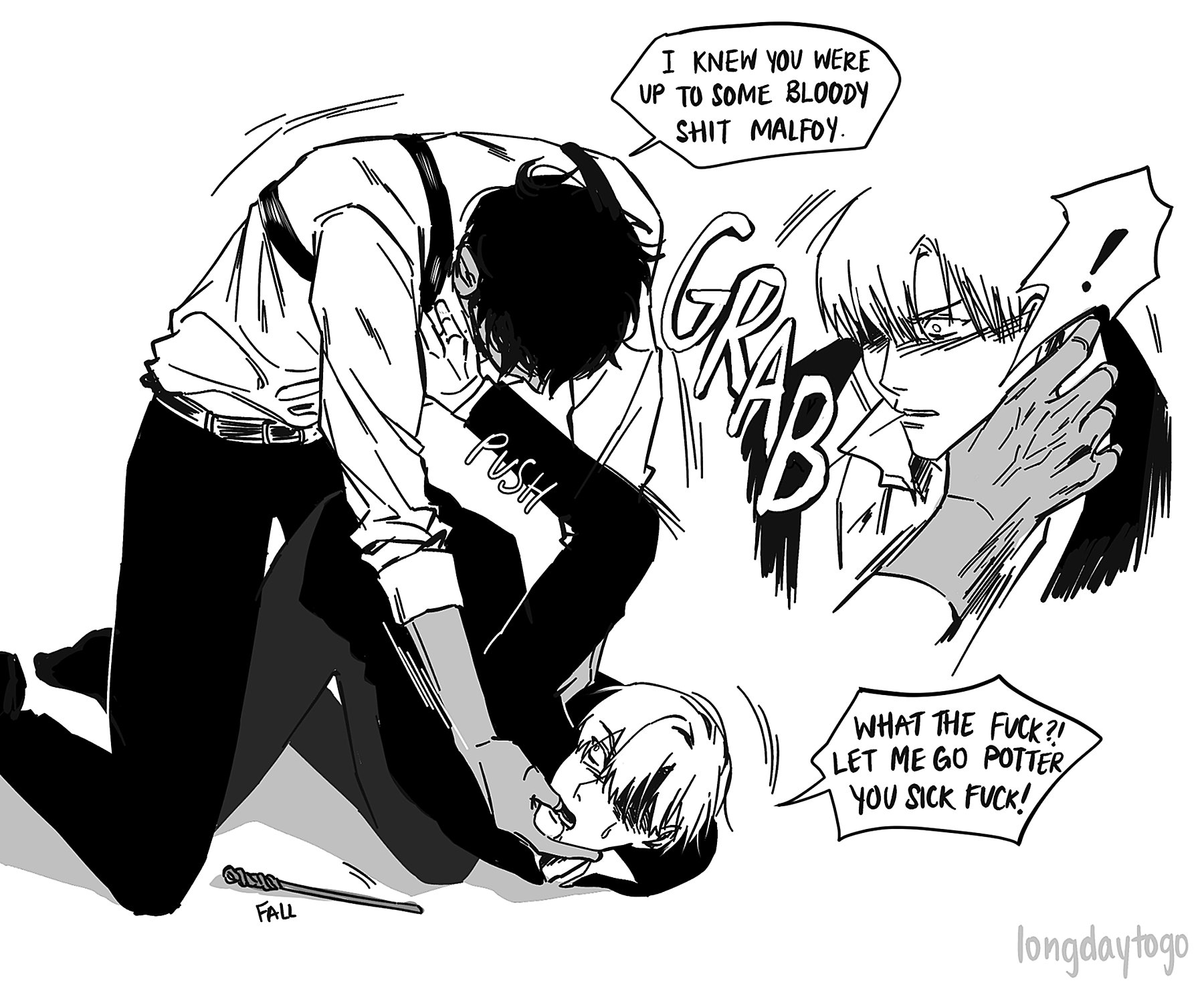 he image is a black and white mangastyle fanart depicting a fight scene between two characters, strongly implied to be draco malfoy and harry potter from the harry potter series.  malfoy is aggressively grabbing potter by the throat, while potter is on the ground. malfoy’s dialogue bubble expresses his anger and accusation, while potter is shouting for malfoy to let him go. the art style is dramatic and detailed, with dynamic lines and strong expressions conveying the intensity of the confrontation. a wand lies on the ground nearby. the background is simple, focusing the viewer's attention on the characters and the action. the style suggests a bl (boys' love) or yaoi interpretation of the characters' relationship due to the intimate physical contact.