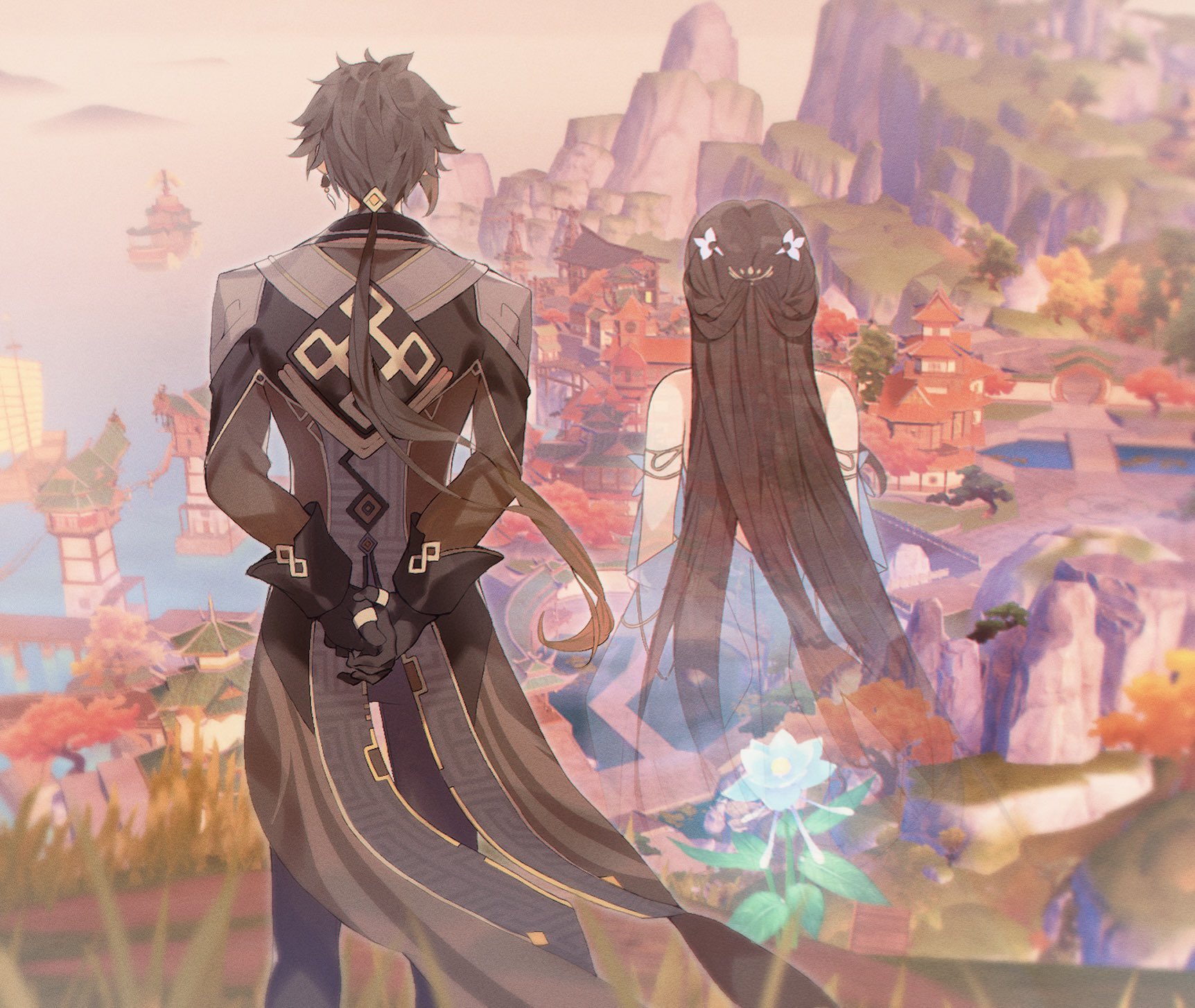 this image depicts a male and a female anime character from the video game genshin impact. the male character is wearing a black and gold outfit and is standing in a thoughtful pose, while the female character is wearing a blue dress with a flower in her hair. they are standing in a landscape with mountains and buildings in the background. the image is set in a fantasy world. the colors are soft and pastel and the overall mood is peaceful and romantic.
