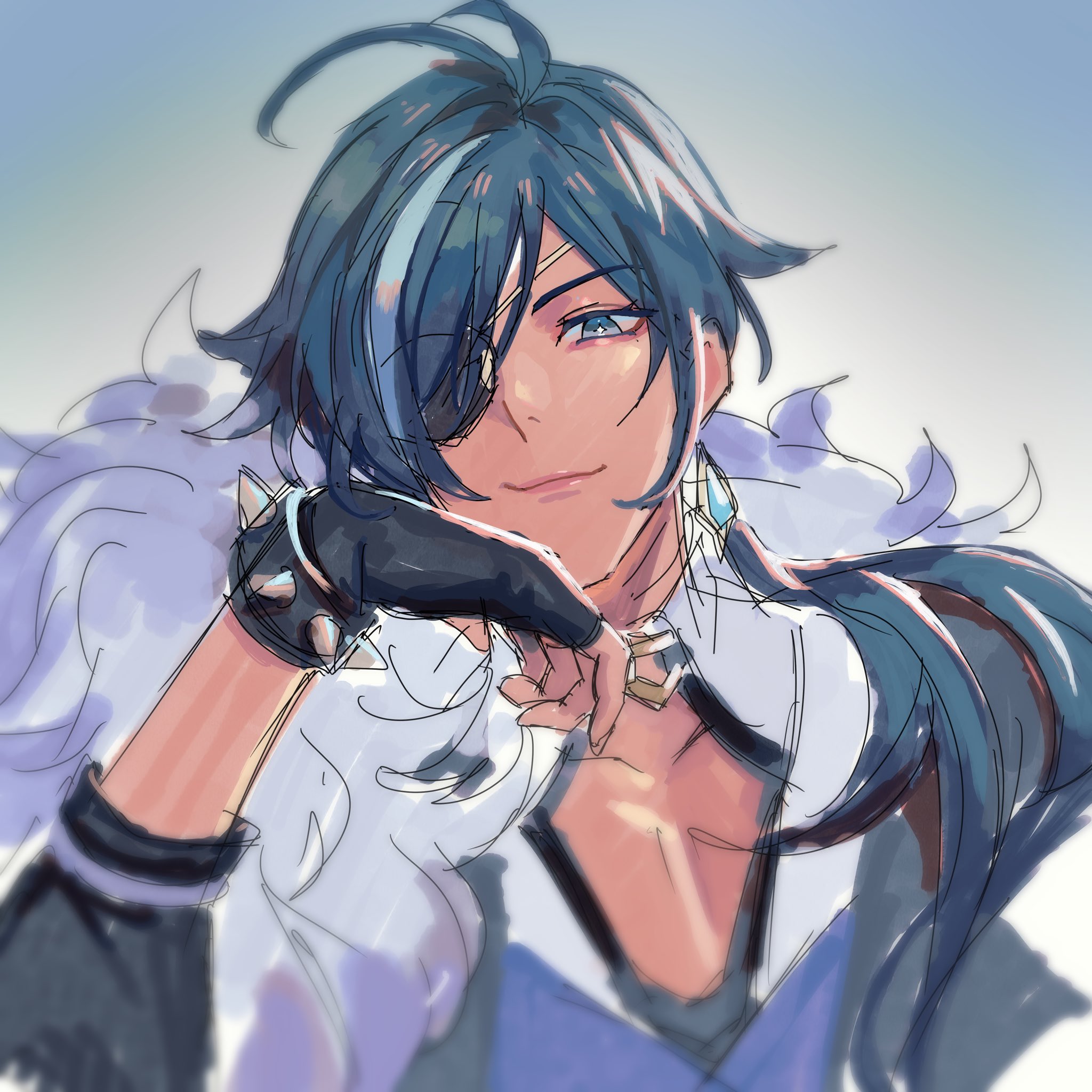 a digital drawing of an anime male character with blue hair and an eyepatch. he is wearing a white fur collar and a black leather glove with spikes. he is smiling and looking at the viewer. the background is a light blue color.