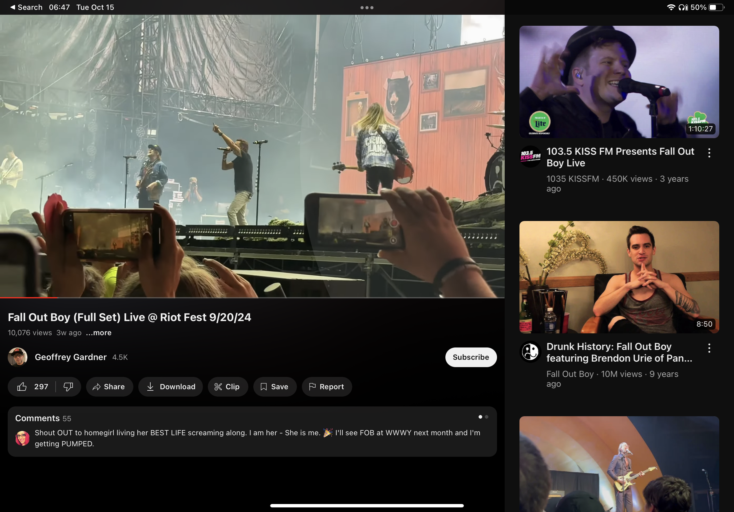 this is a screenshot from youtube. the main image shows fall out boy performing on stage at riot fest. the screen has a video of fall out boy from 103.5 kiss fm on the right hand side, and a video of fall out boy on drunk history on the bottom right side.