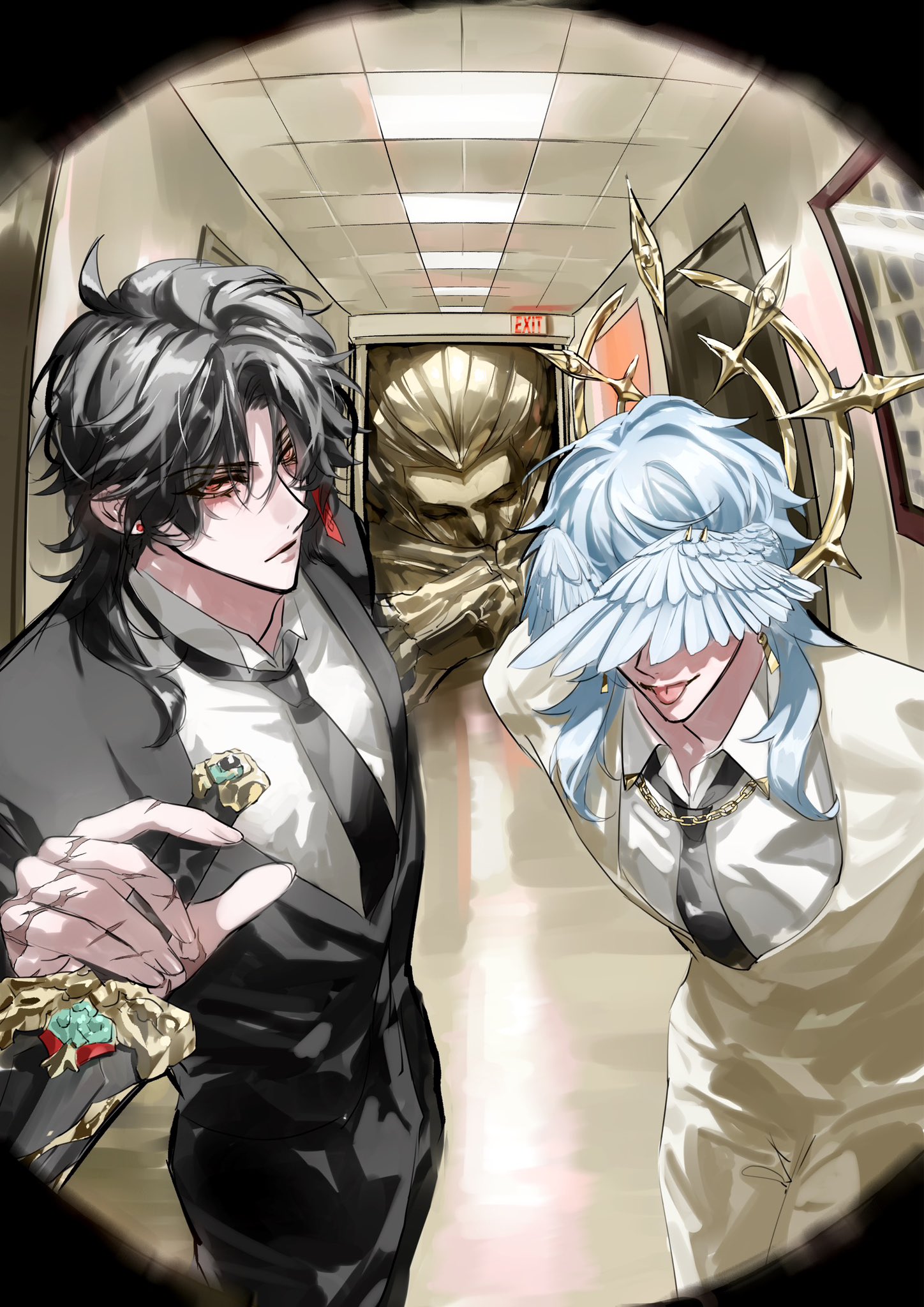 the image is an animestyle illustration of two male characters. the character on the left is dressed in a black suit and is holding a gold sword. the character on the right is dressed in a white suit and has angel wings. they are both looking at the camera. the image is taken from a fisheye lens, giving a unique perspective. the two characters are standing in a hallway with a door in the background. there are a few other items in the background, such as a gold statue. the image is set in a building, likely an office building. the character on the left is a devil and the character on the right is an angel.