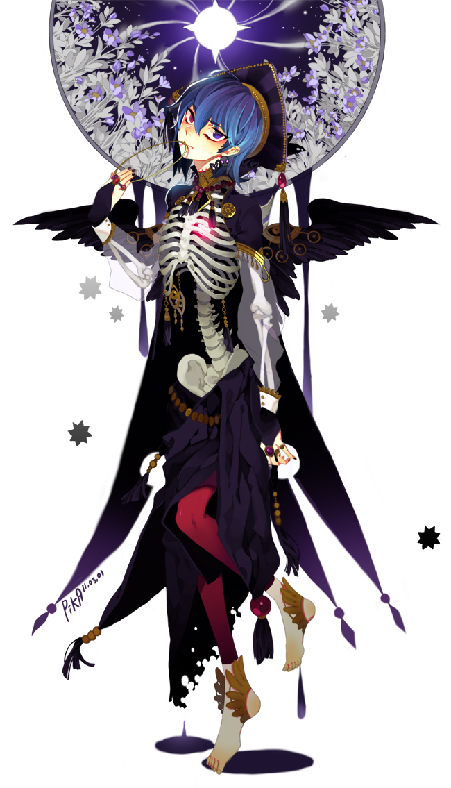 this is a digital illustration of a dark, gothinspired anime girl with skeletal features. she has dark blue hair, dark clothing, and wings. she is wearing a decorative and ornate dress with various embellishments. she appears to be holding a long, thin object in her right hand. there are multiple stars and other celestial objects in the background.