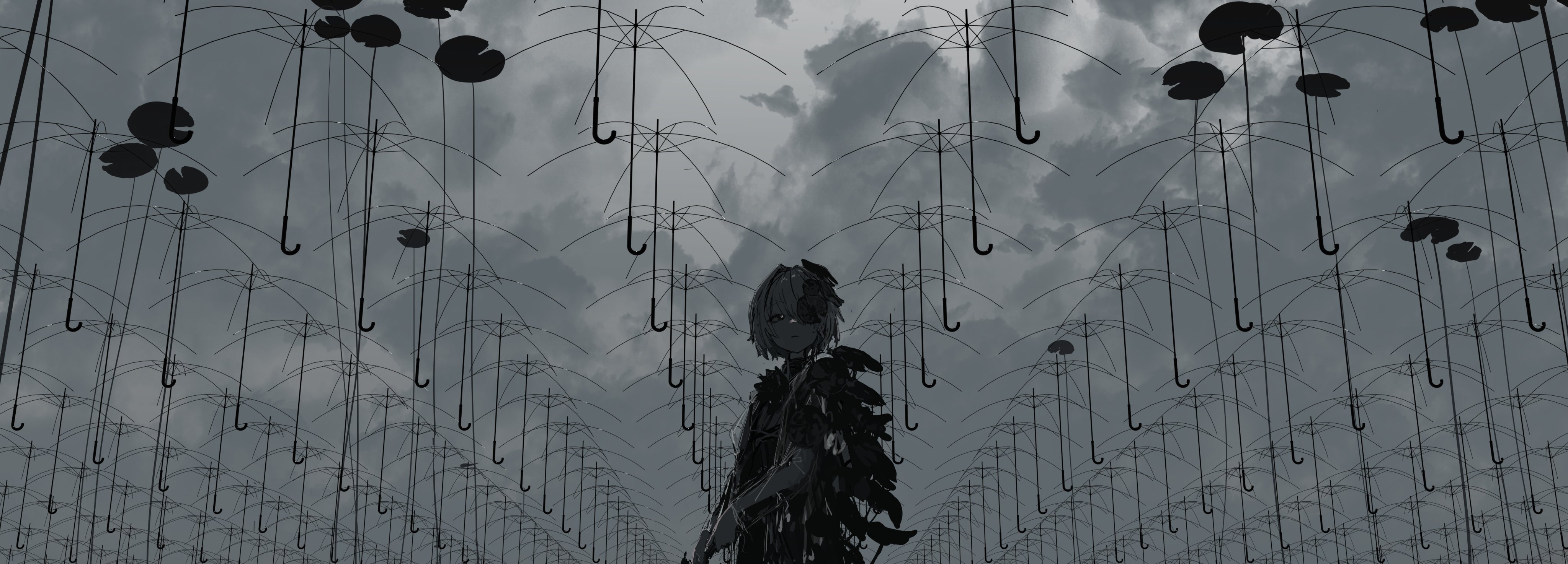 the image is a digital illustration in grayscale, depicting a stylized anime or mangastyle female character standing in the center of a field.  the field is filled with numerous upsidedown umbrellas with lily pads attached to their handles, creating a surreal and somewhat ominous atmosphere. the character is dressed in dark clothing with a feathered or textured appearance. the sky is cloudy and dark, mirroring the overall somber mood of the scene. the overall style is atmospheric and suggestive of a melancholic or mysterious narrative. the character's expression is somewhat obscured.  the setting and the style combine to create a striking visual effect that is simultaneously beautiful and unsettling.