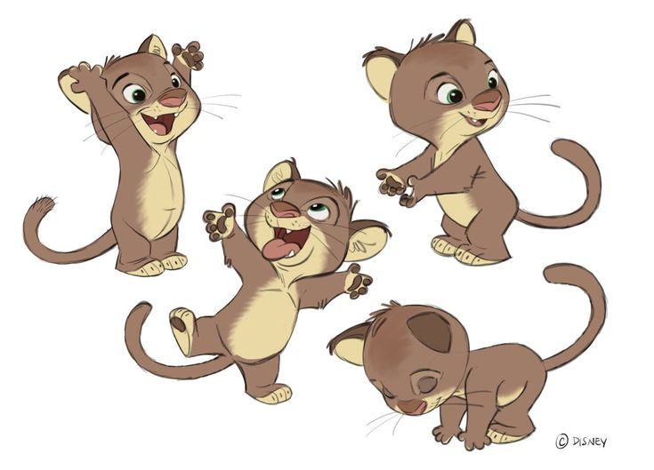 the image is a cartoon drawing of four lion cubs in various playful poses. they are drawn in a classic disney animation style, with brown fur, beige underbellies, and expressive features. one cub is standing with its paws raised, another is leaping with its tongue out, a third is standing cautiously, and the fourth is crouching down, possibly licking its paw. the disney copyright is visible in the bottom right corner.