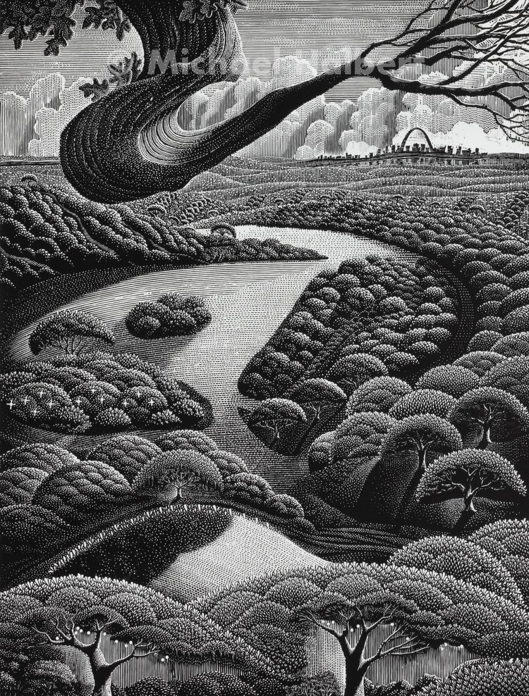 the image is a black and white engraving of a landscape with a river winding through it. there is a large, gnarled tree in the foreground on the left side of the image, and a city skyline in the background. the image is very detailed and has a sense of depth and perspective.  the style of the artwork is reminiscent of traditional wood engraving.