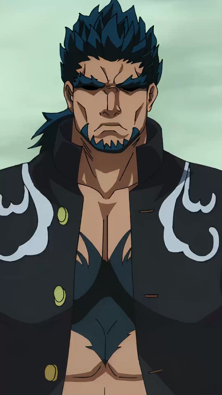 an anime character with blue hair, thick eyebrows, and a serious expression is depicted from the chest up. he is wearing an open, black jacket with a white design and yellow buttons.