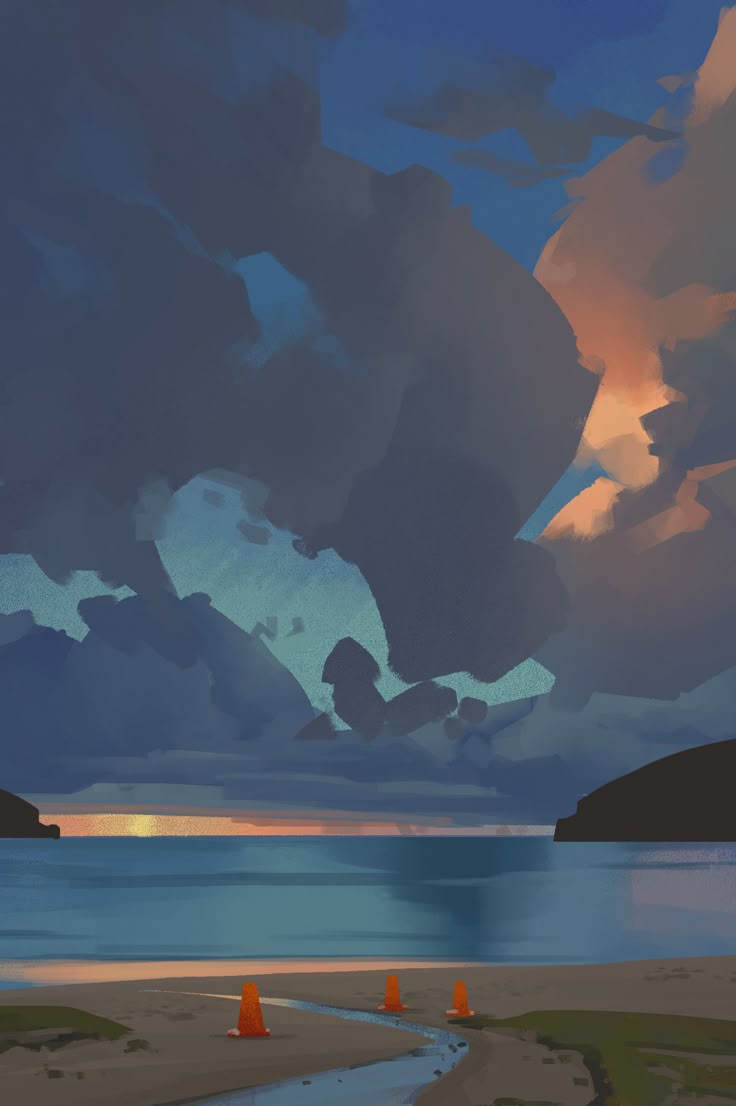 a digital painting of a beach with the ocean at sunset. dark clouds fill most of the sky with hints of light blue and orange. the ocean is a light blue color. the beach has sand and some green grass. there are three orange cones on the beach near a stream of water that leads to the ocean.