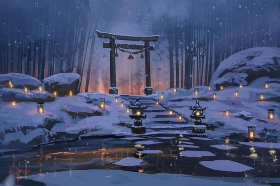 a serene winter night scene depicts a japanese temple nestled within a snowcovered forest. a path illuminated by traditional lanterns leads to a torii gate, beyond which a warm light glows, creating a sense of peace and tranquility. the image captures the beauty and spirituality often associated with japanese culture and nature.