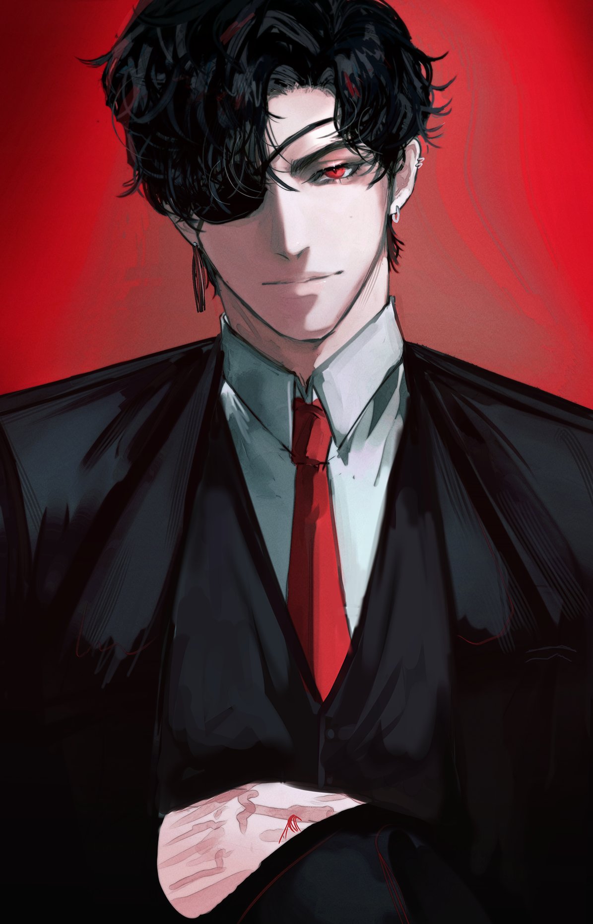 this is a digital illustration of a handsome anime man in a suit. he has black hair and a red tie and he is wearing an eyepatch over his left eye. he is looking directly at the viewer and his expression is serious and confident. the image is dark and mysterious, with shadows playing across the man's face and suit.