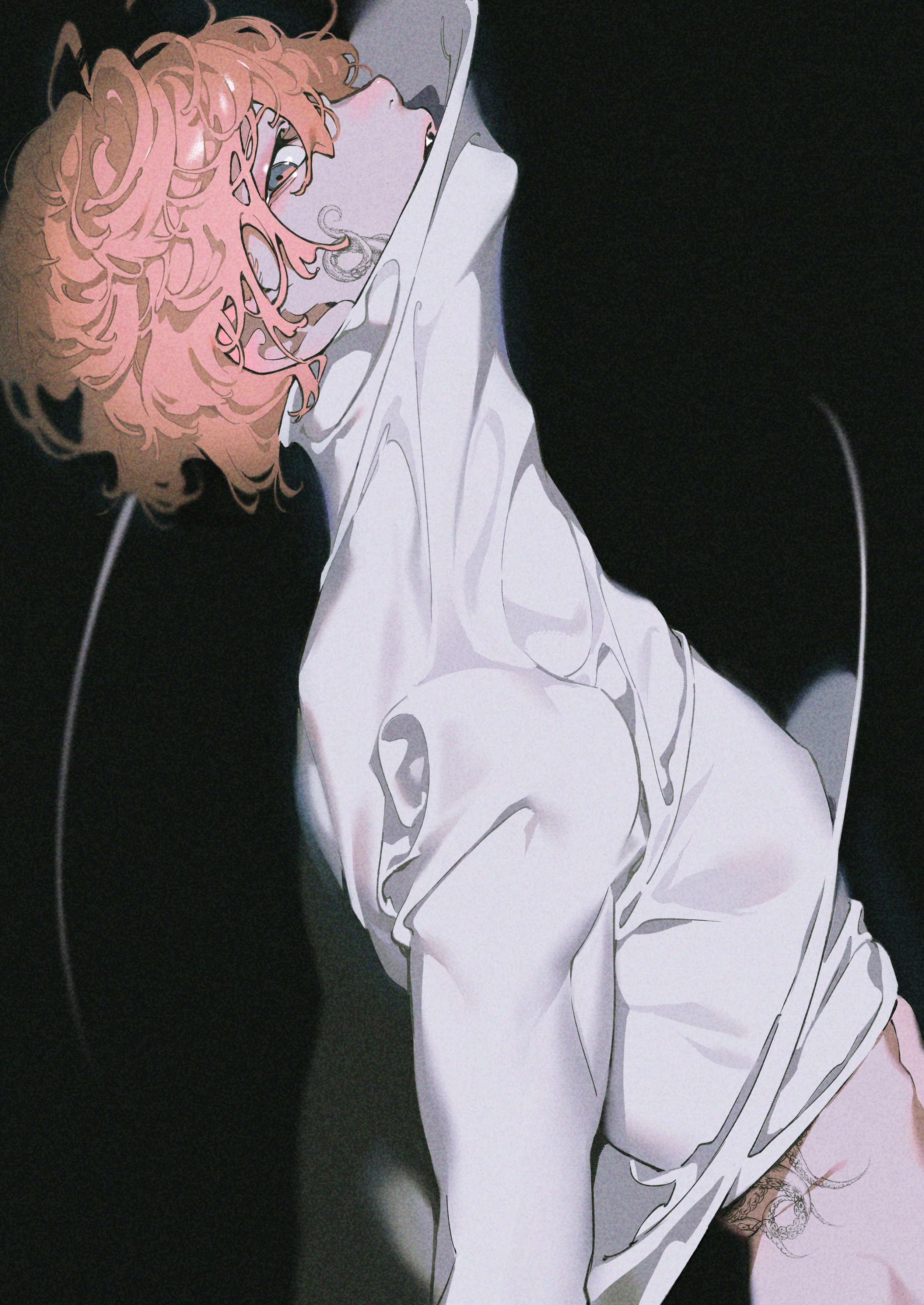 he illustration features an animestyle character, likely male, with vibrant pink hair styled in a voluminous, curly fashion. he is depicted against a stark, dark background, which accentuates the dramatic lighting that highlights the contours of his body and clothing. his pale skin is further emphasized by the contrast. the character is clad in a simple, loosefitting white shirt. the perspective is reminiscent of a worm's eye view, adding to the dynamism and visual interest of the composition.