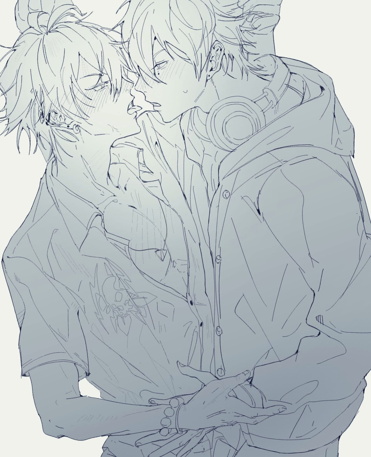 a black and white line art drawing of two anime boys kissing and hugging. the boy on the left is wearing a shortsleeved shirt and the boy on the right is wearing a hooded jacket. they appear to be deeply in love.