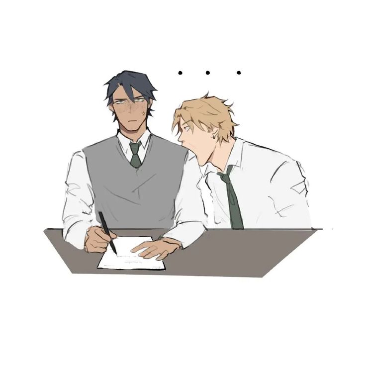 an illustration of two men in a classroom setting. the man on the right, with blonde hair, is whispering in the ear of the man on the left, who has dark hair. the man on the left is writing in a notebook. they are both smiling.