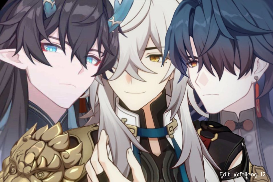 this is an image of the genshin impact characters itto, xiao and albedo. itto is on the left, with his signature long black hair and red eyes. he is looking directly at the viewer. xiao is in the center, his hair is white and he is smiling. albedo is on the right, with dark blue hair and yellow eyes. he is looking to the side and his expression is serious. the three characters are in a closeup, with their faces filling the frame.