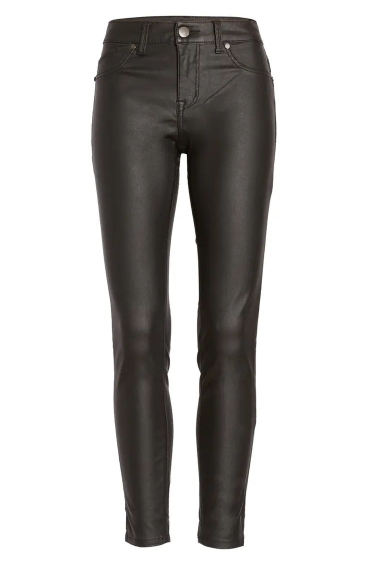 a pair of black, fitted leatherlike pants are displayed on a white background. they appear to be jeans or trousers, with a glossy or waxed finish. the pants have a waistband, a button and a zipper at the front.