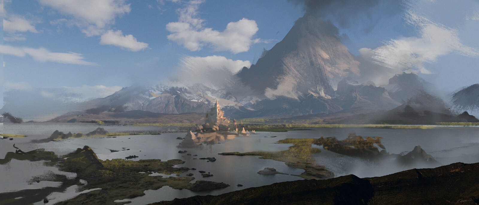 a beautiful landscape painting of a majestic mountain range with a serene lake in the foreground and a castle perched on a small island in the middle of the lake. the sky is a vibrant blue with fluffy clouds, and the mountains are snowcapped with hints of green foliage.