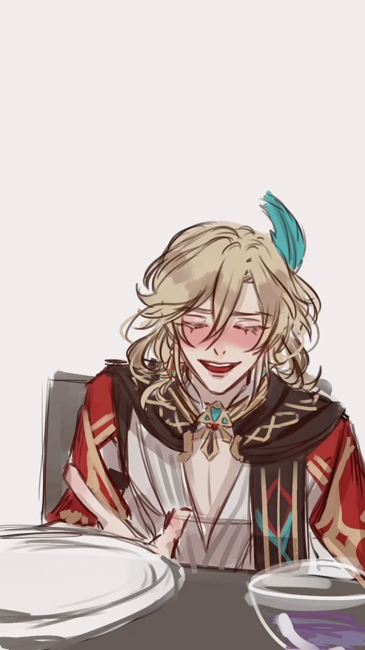 a digital fanart drawing depicts scaramouche from genshin impact, seated at a table. he's smiling and blushing, wearing his signature elaborate outfit with red and gold accents and a teal feather ornament in his hair.  a plate and bowl are on the table in front of him. the style is loose and painterly, with soft shading and lines.  the overall mood is cheerful and intimate.