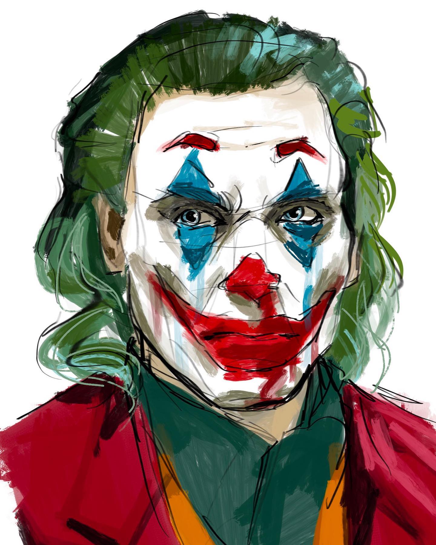 the image is a stylized portrait of joaquin phoenix as the joker. it is a frontal view of his face and upper torso. the joker is depicted with his signature green hair, white face paint, red lips, and blue eye makeup in a diamond shape around his eyes. he is wearing a red jacket with an orange vest underneath. the art style is loose and painterly, with visible brushstrokes. the overall tone is dark and intense.