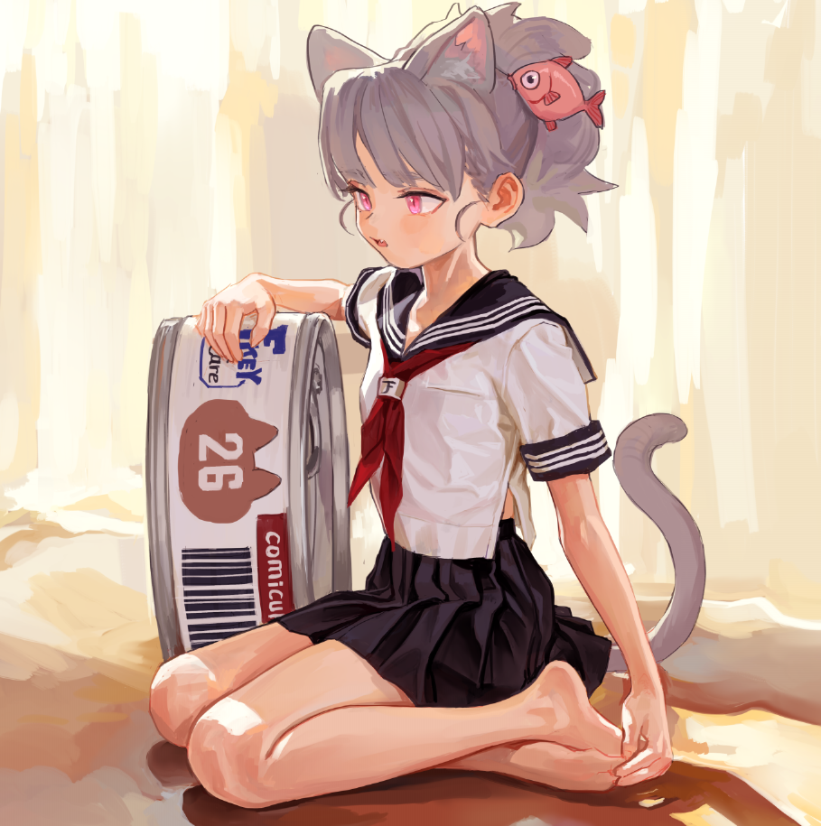 an animestyle cat girl wearing a school uniform is kneeling beside a large can of "comicu" brand cat food with a "26" cat silhouette logo on it. she has grey hair, cat ears, and a tail. a red fish hair clip is in her hair. she is wearing a white shirt with a navy blue sailor collar and cuffs, a red tie, and a black pleated skirt. she is barefoot. the background is a warm, bright color, suggesting sunlight.