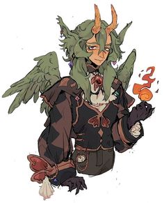 a halfhumanoid creature with green hair, horns, and feathered wings stands with one hand on their hip, the other holding a small flame. they are dressed in an elaborate dark outfit with many buckles and embellishments.