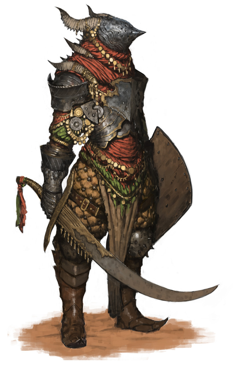 a heavily armored warrior stands in profile against a white background, suggesting a desert environment. they wear ornate, dark metal armor with intricate details and hints of red cloth underneath. a long, curved scimitar is held in their right hand, while a large, rounded shield is strapped to their left arm. the warrior's helmet is stylized after a bird's head, completely obscuring their face.  the overall design blends elements of medieval european and middle eastern aesthetics.