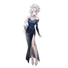 a full body digital illustration of a beautiful woman wearing a dark blue evening gown. her hair is white and styled up. she is wearing jewelry. the gown is a oneshoulder dress with a slit up one leg. she is wearing silver heels.