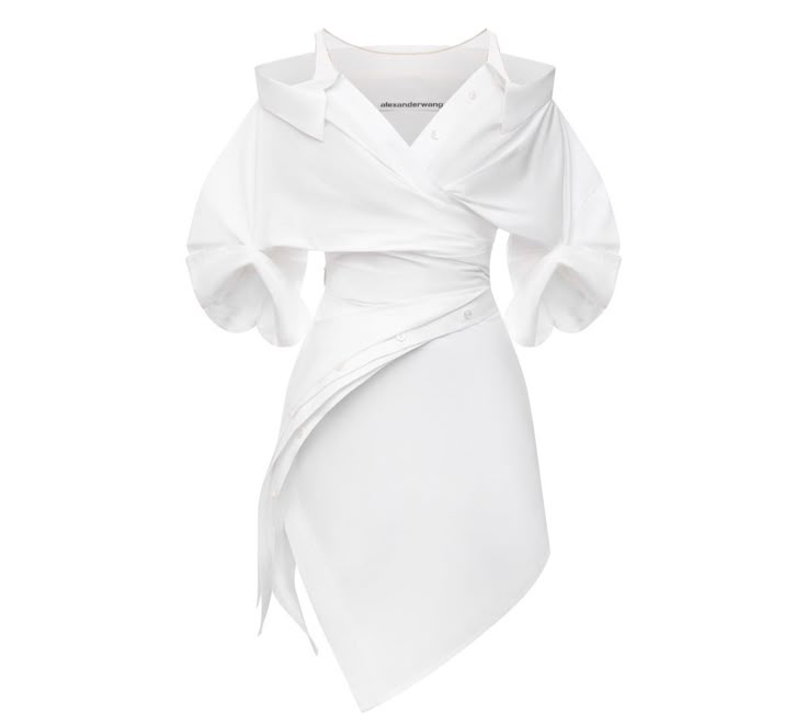 a white, shortsleeved, wrapstyle dress with an asymmetrical hem, collared neckline, and button details. the dress appears to be designed by alexander wang.
