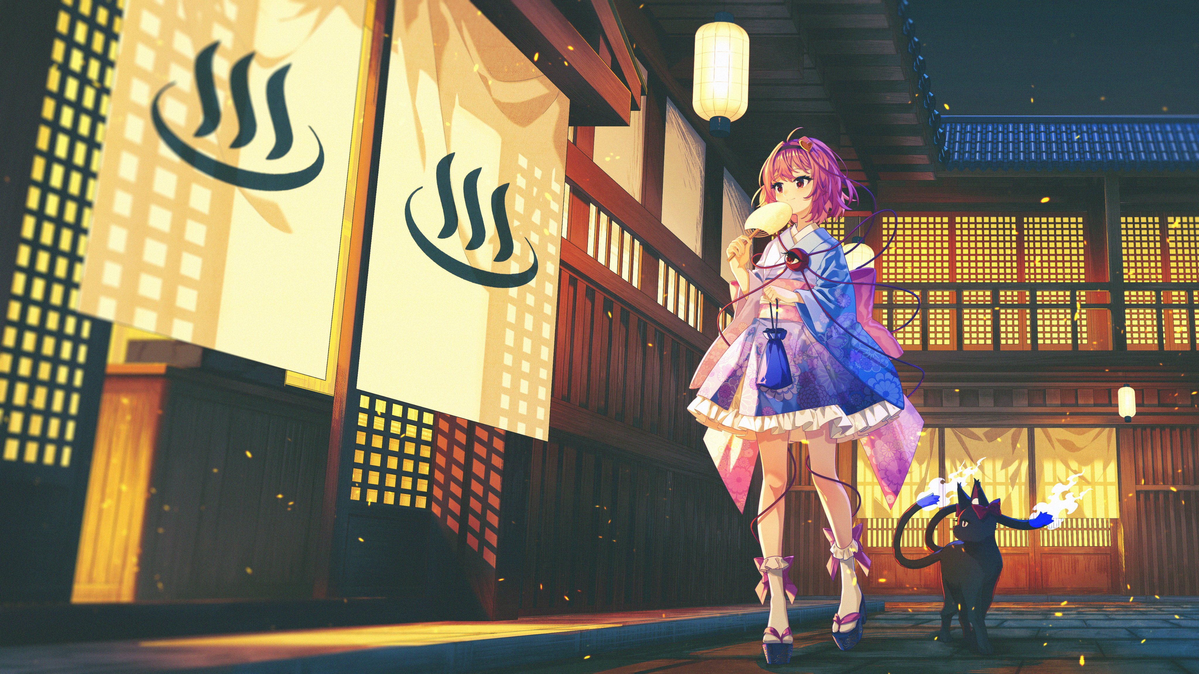 an anime girl in a kimono with a short dress and a cat with fire near them are standing in front of a building with japanese architecture. there are lanterns hanging and banners with a japanese bath symbol.