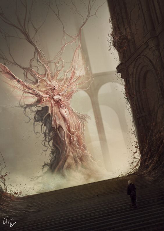 a monstrous, fleshlike treecreature fills the foreground, its branches reaching out with a grotesque and horrifying presence.  the creature appears to have a humanoid form with an unsettling, vaguely human face.  a small, silhouetted figure of a woman is seen in the background, walking towards the creature.  the overall tone of the image is dark, ominous, and filled with a sense of impending dread.