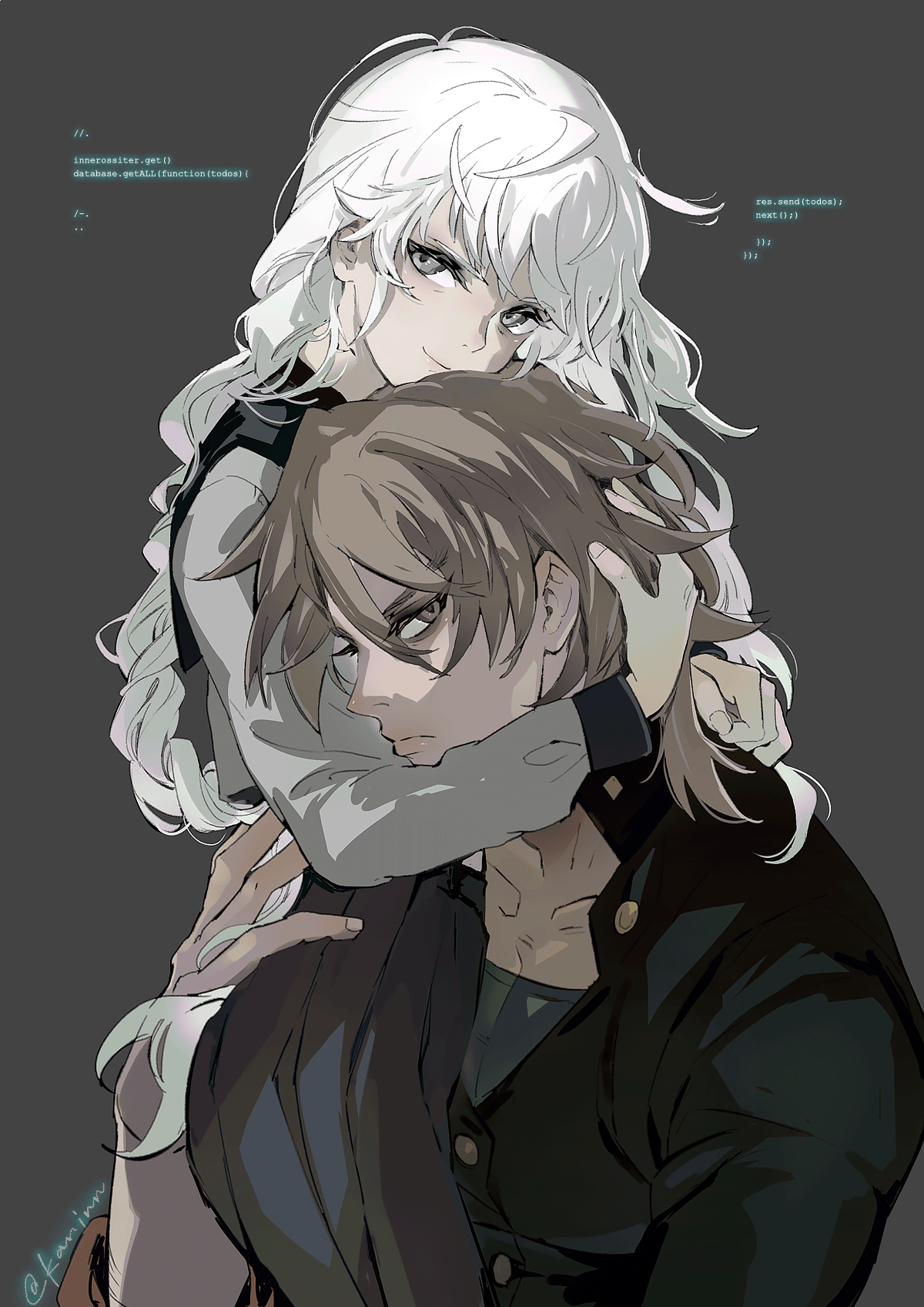 this is a digital illustration of an anime couple. the female character has long white hair and is hugging the male character from behind. the male character has brown hair and is wearing a black school uniform jacket. the couple is looking at each other with sad expressions. the background is a dark gray.