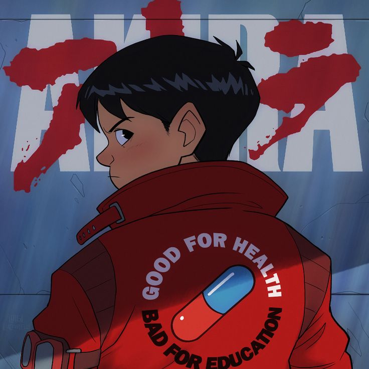 the image shows a drawing of a young man, presumably kaneda from the anime akira, wearing his iconic red jacket with the "good for health bad for education" slogan and a stylized pill on the back. he is looking to the side with a serious expression, and the akira logo is visible in the background.