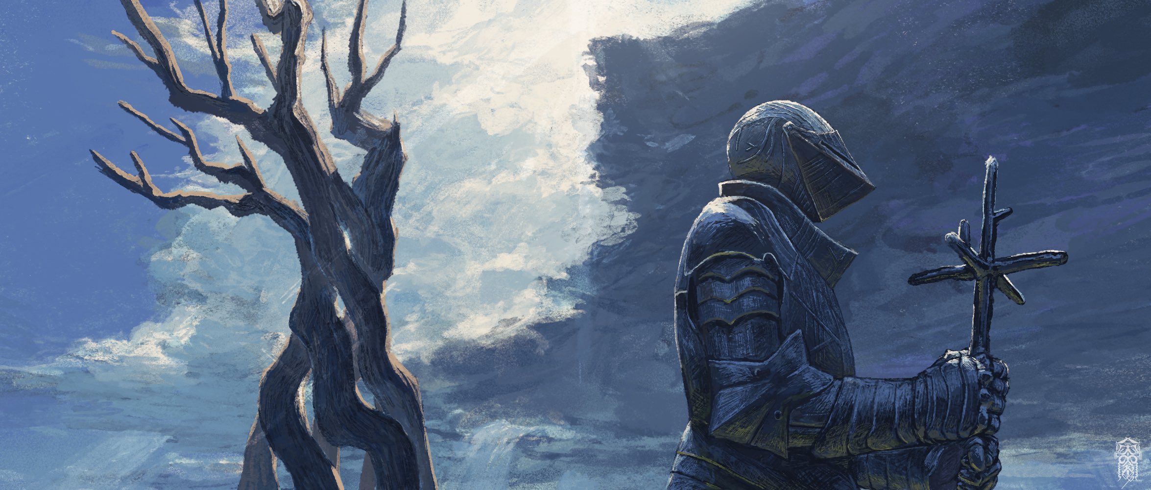 the image is a digital painting featuring a knight in armor holding a cross. the knight is positioned on the right side of the image, while a twisted, bare tree is on the left. the background consists of a cloudy sky, with a distinct contrast between the brighter, lighter sky behind the tree and the darker, stormier sky behind the knight. the knight's armor has a metallic sheen, and the cross they are holding is made of a rough, dark material. the overall mood of the image is somber and mysterious.