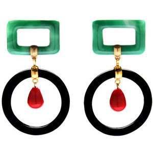 a pair of stylish earrings with a green rectangle shape with a gold trim and a dangling black circle with a red pendant. the earrings are a bold and unique statement piece.