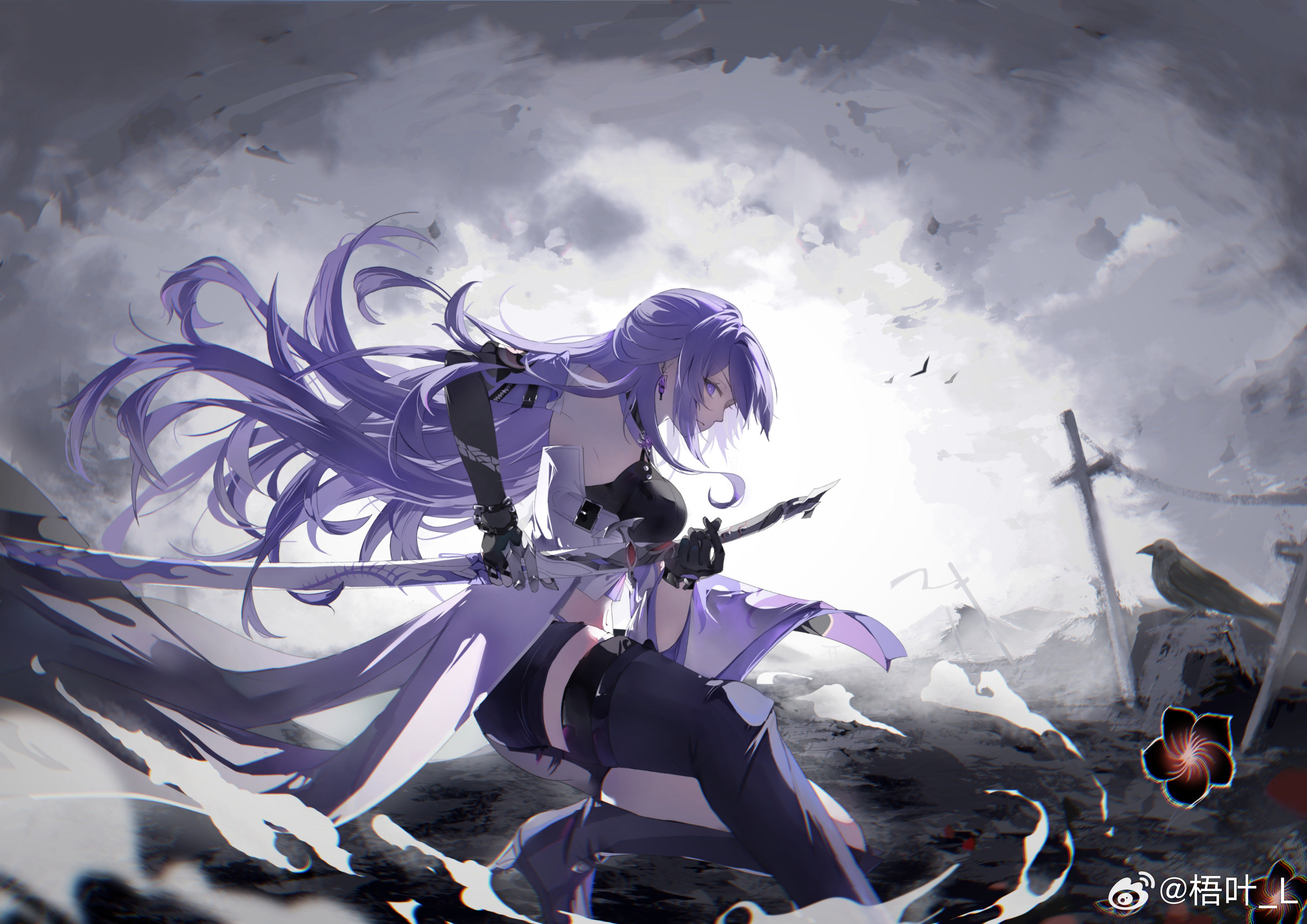 the image depicts a young woman with long purple hair in a destroyed battlefield under a cloudy sky. she is looking down while holding a sword in her right hand, with a black glove on. there are crosses in the background and a red flower near her left foot. the overall color tone is dark and gray.