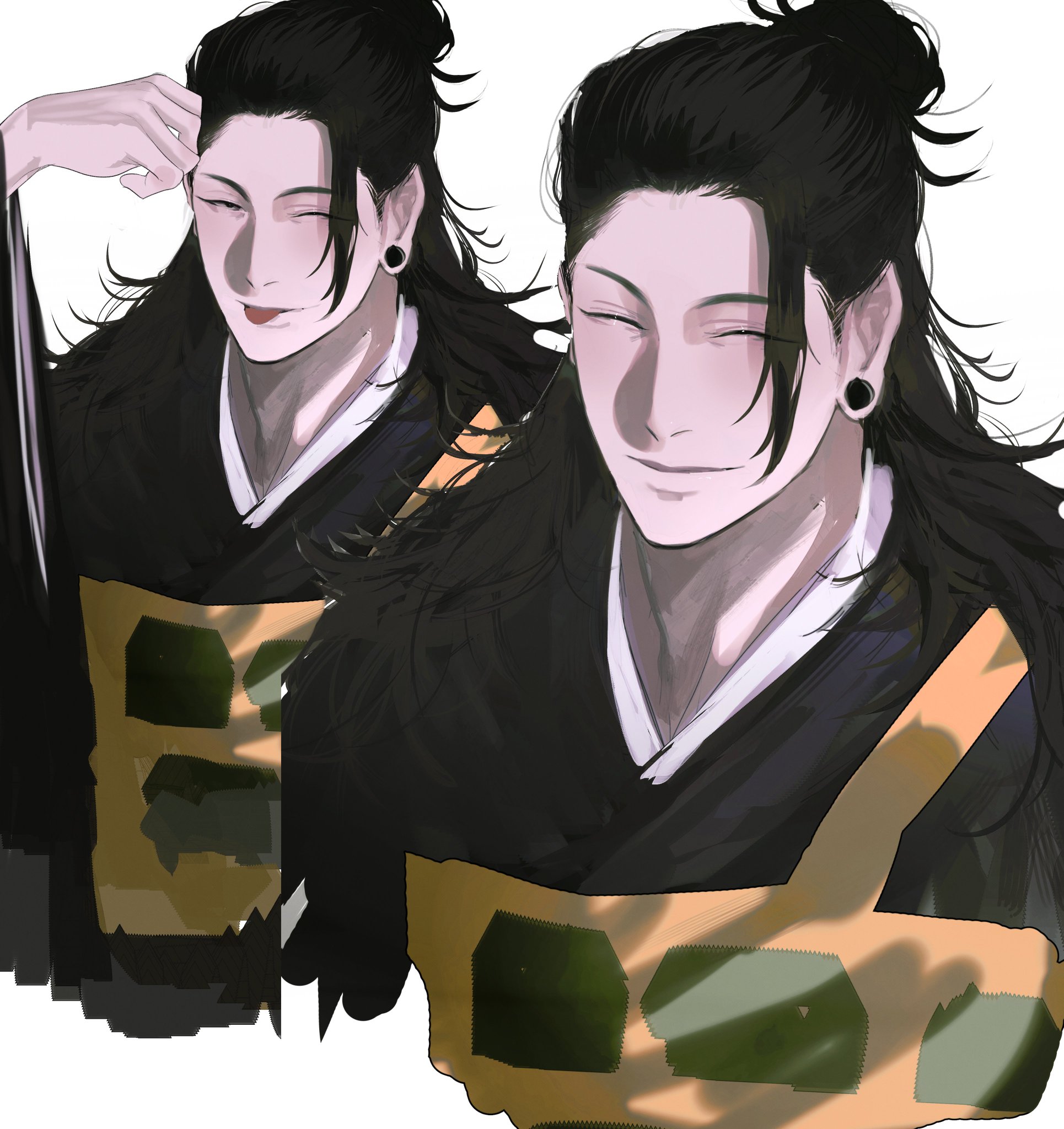 a digital illustration of an anime male character in a black kimono with a gold and green pattern. he has long black hair tied up in a bun and is smiling with his eyes closed.