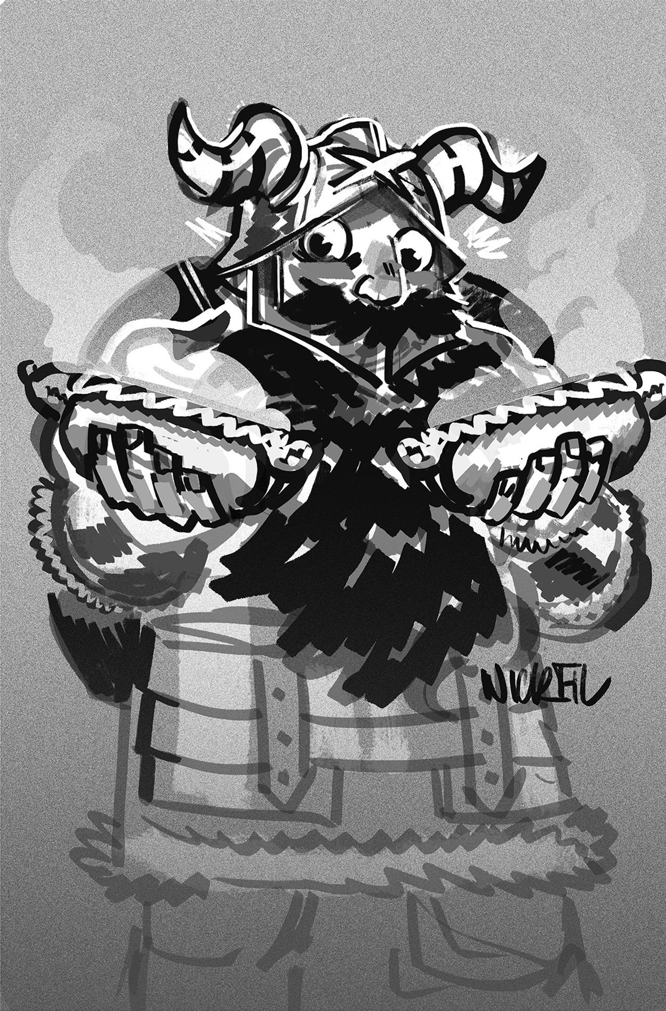 a black and white sketch of a stout warrior, possibly a dwarf or viking, wearing a horned helmet and thick furs. he's offering food, perhaps bread or pastries, with a pleasant expression on his face.