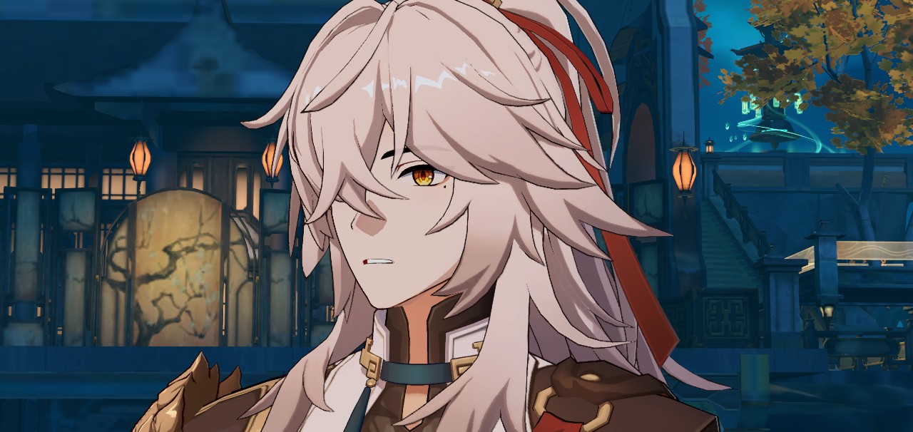 albedo, a character from the game genshin impact, stands in front of a building in the night. he has white hair with a red ribbon, yellow eyes, and a serious expression. there are lanterns and traditional chinese architecture in the background.