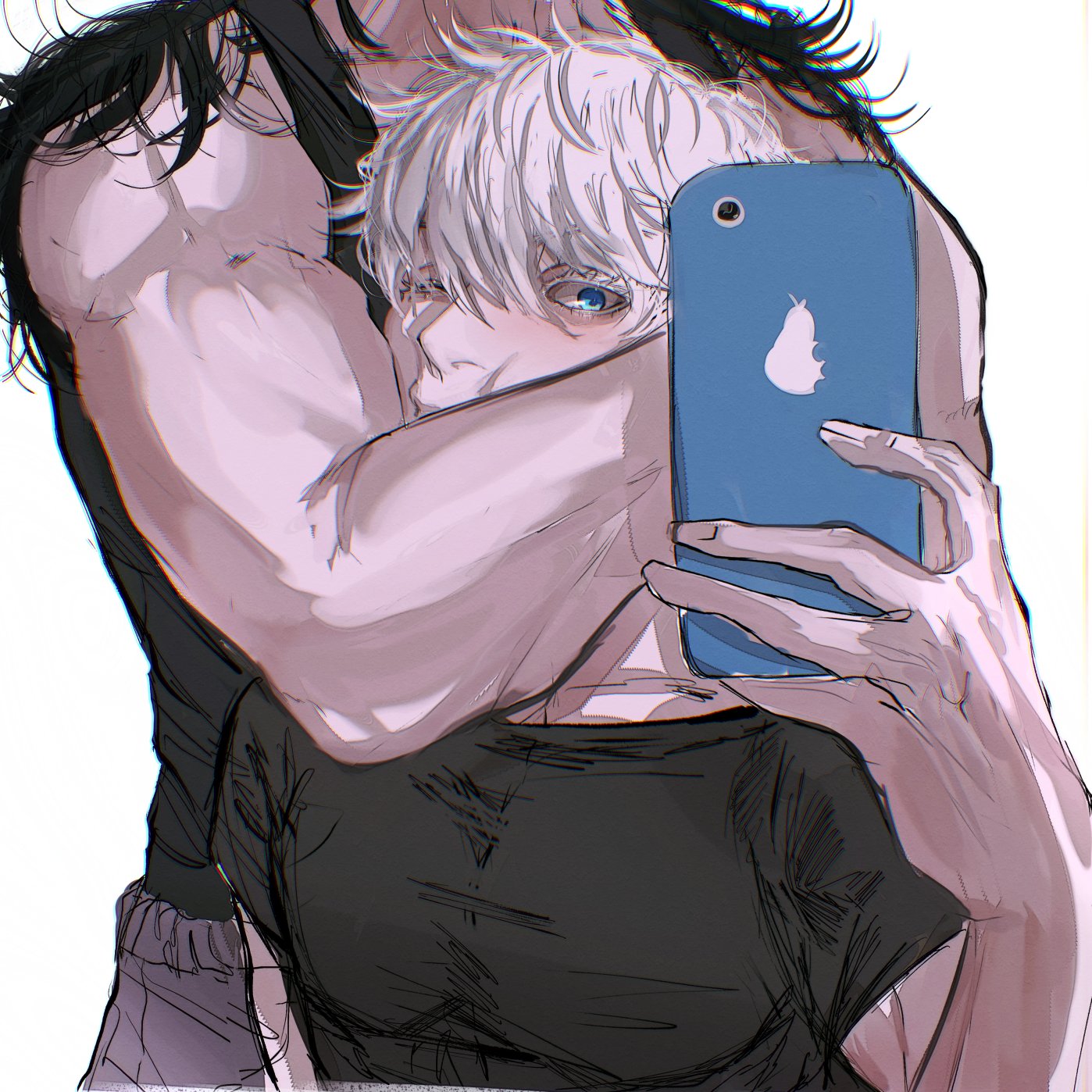 this is an anime illustration of a couple taking a selfie. the man has black hair and is wearing a black shirt, while the woman has white hair and is wearing a gray shirt. the man is hugging the woman and holding the phone. the couple is close up and the image is very romantic. the woman is blushing and looking at the camera, while the man is smiling.