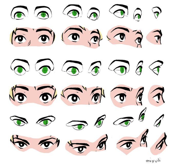 the image is a detailed tutorial or reference sheet showcasing various styles and angles of drawing animestyle eyes. it presents multiple examples of eyes in different positions—straighton, angled, and threequarter views—illustrating how the shape and details change depending on the perspective. the eyes have green irises and are consistently drawn with a stylized, cartoonish aesthetic characteristic of anime and manga. the tutorial provides a comprehensive guide to drawing a wide range of eye expressions and positions for artists learning to draw in this style.  the artist's signature "miyuli" is visible in the bottom right corner.