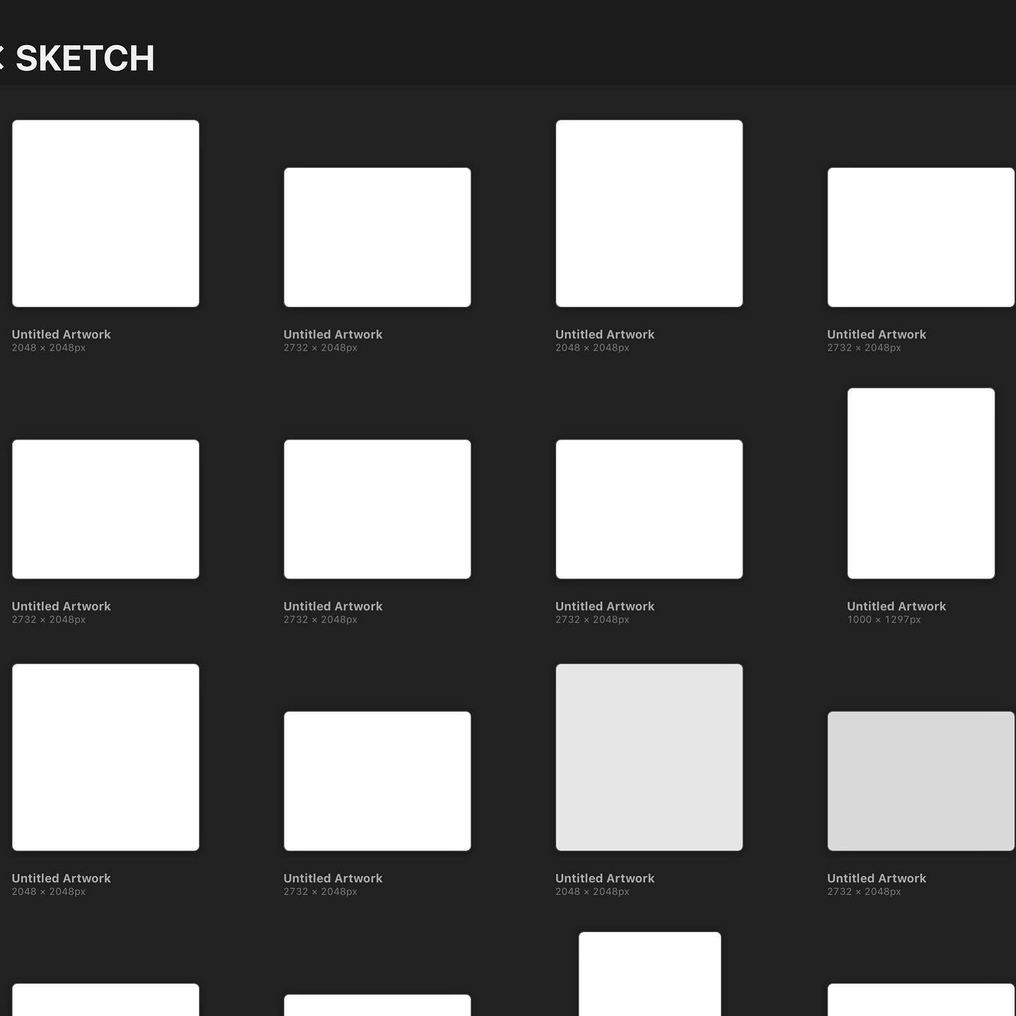 the image showcases a screenshot of a digital art software interface, specifically focusing on the project selection screen. multiple blank canvases, displayed as white rectangles, dominate the layout. each canvas is labeled "untitled artwork" and accompanied by its dimensions in pixels. the background is a dark gray, enhancing the visual prominence of the white canvases.