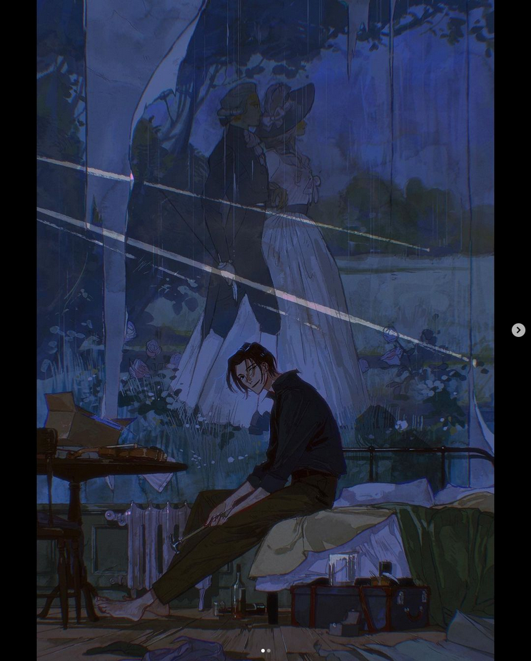 a man sits on a bed in a dimly lit room, gazing toward the left. the room is decorated with a large painting depicting a couple in a romantic setting. there is a table and chairs in the foreground of the image, as well as other objects, suggesting this is the man's living space.
