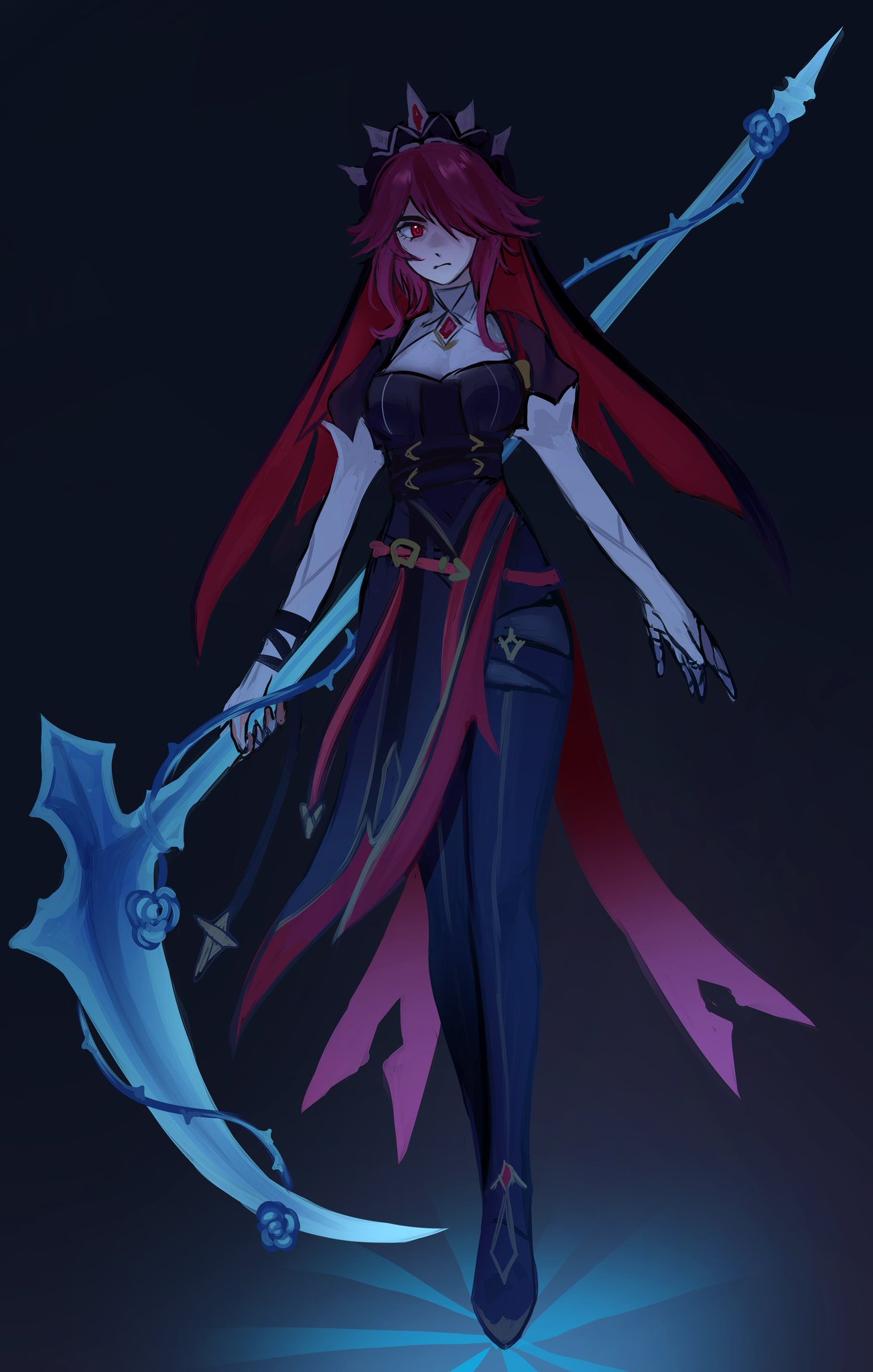 a digital illustration of a female anime character, wearing a black dress with red accents and a crown. she is wielding a blue scythe with rose decorations on it. she has long, flowing red hair and blue eyes. the background is a dark blue.