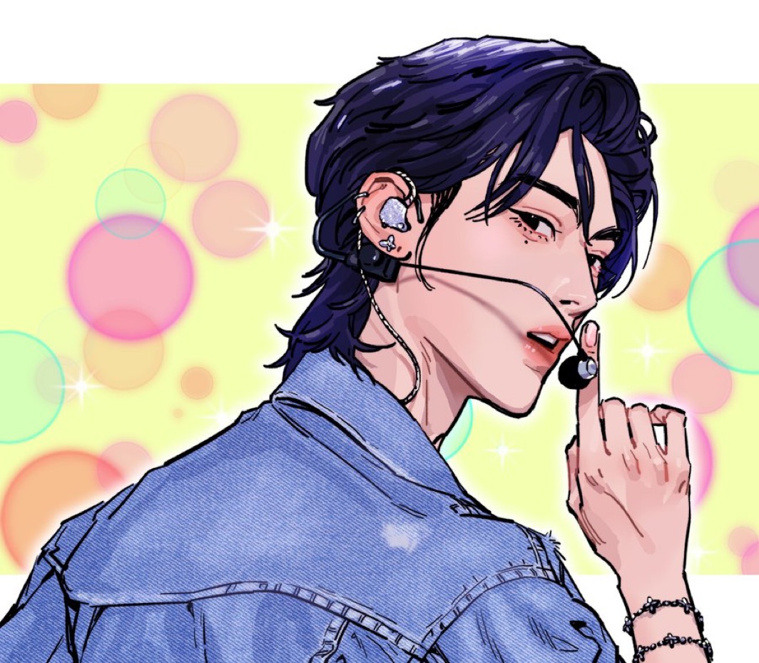 the image is a digital drawing of a young man, likely a kpop idol,  from the shoulders up. he is wearing a denim jacket and has a trendy mullet hairstyle. he wears an inear monitor and holds his finger to his lips as if hushing the viewer.  the background features soft, multicolored bubbles, likely representing stage lighting.