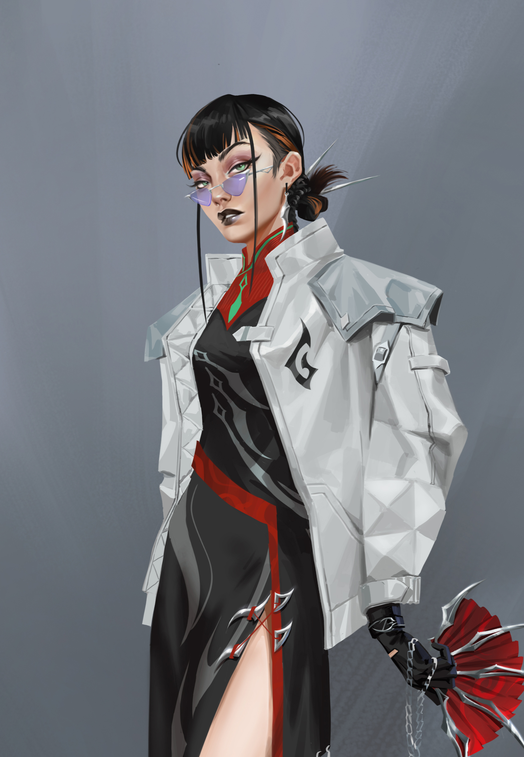 a digital illustration of an anime girl with long black hair, wearing a white jacket with a black and red dress underneath. she is holding a red fan in her right hand.