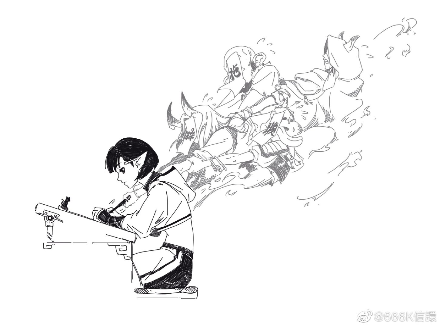 the image is a black and white sketch depicting a young elflike girl sitting at a desk, intently drawing or writing. behind her, in a more ethereal, sketched style, are several demonic figures engaging in a chaotic scene; they appear to be in midaction or struggle. the contrast between the sharp focus on the girl and the blurry, dynamic figures in the background suggests a possible connection between her creative process and the fantastical elements she's portraying. the art style is reminiscent of manga or anime, with expressive linework and a focus on movement and emotion.  the overall mood is one of creative energy and fantastical imagery.