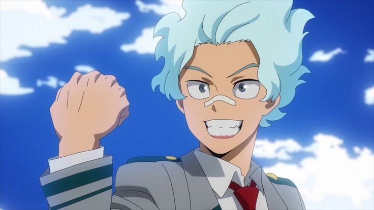 a young anime boy with blue hair, a green and white shirt with a red tie is smiling and raising his fist in the air against a blue sky and white cloud background.