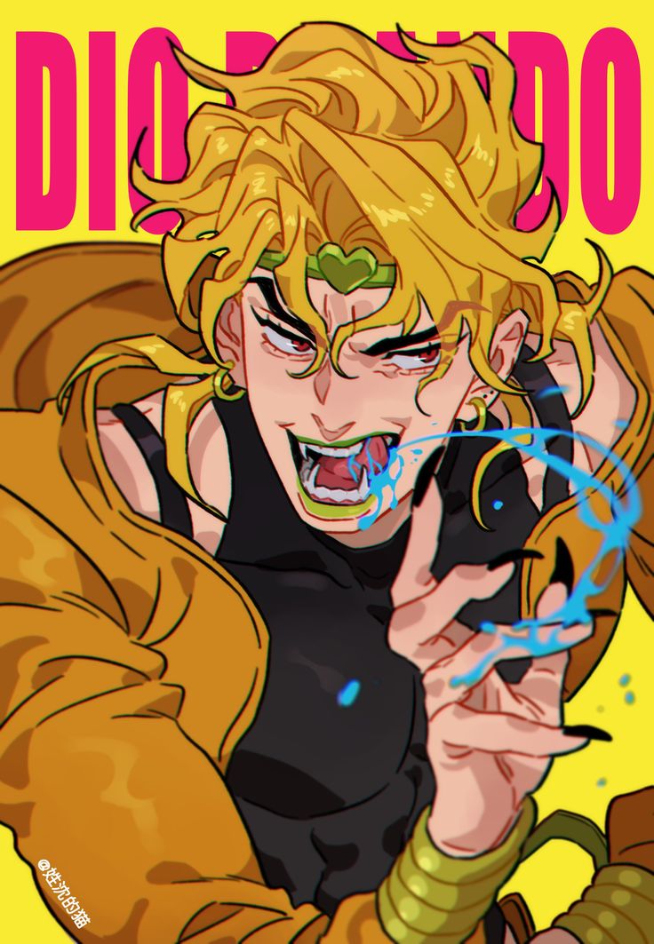 the image is a vibrant and stylized fanart of dio brando from jojo's bizarre adventure. it's a closeup portrait depicting him in a dynamic pose, with his mouth open, revealing sharp teeth, and a fierce expression.  he has his iconic golden hair, yellow jacket, and black shirt. blue liquid seems to be dripping or emanating from his mouth, adding to the dramatic effect. the art style is dynamic and expressive, using vibrant colors and sharp lines.  the background is a simple yellow with the name "dio" prominently displayed in pink.  the overall feeling is one of intense power and menace.